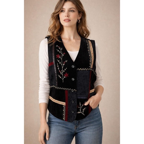 Vintage White Stag Velvet Tapestry Embroidered Vest Boho Western Cottagecore L - Picture 2 of 9